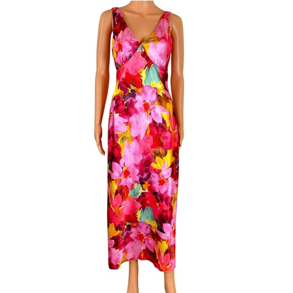 bebe Dresses & Skirts - Bebe Pink Floral Watercolor Satin Maxi Dress Sleeveless V-Neck 703763P Size S